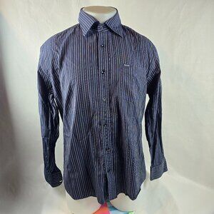 Vintage Faconnable Shirt Mens Large Blue Button Up Dress Shirt Striped Navy 1381